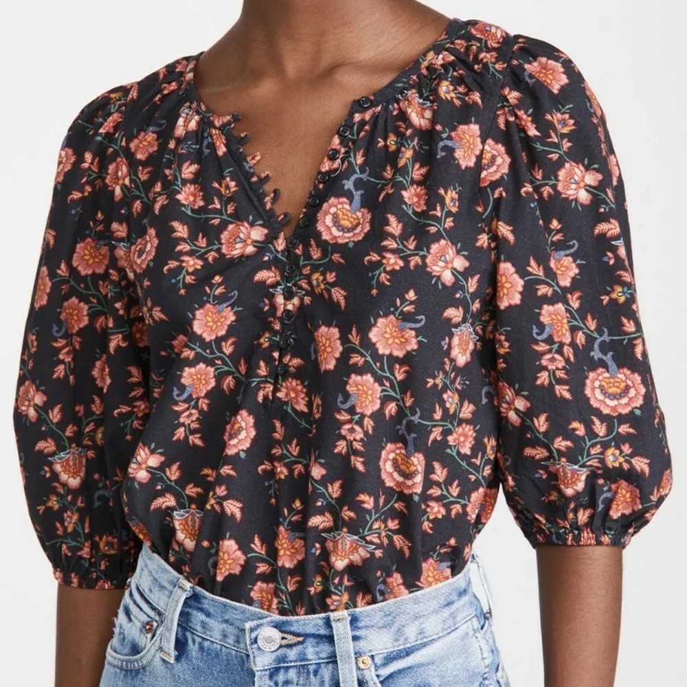The Great The Ravine Blouse Top Antique Floral Cotton Puff Sleeve